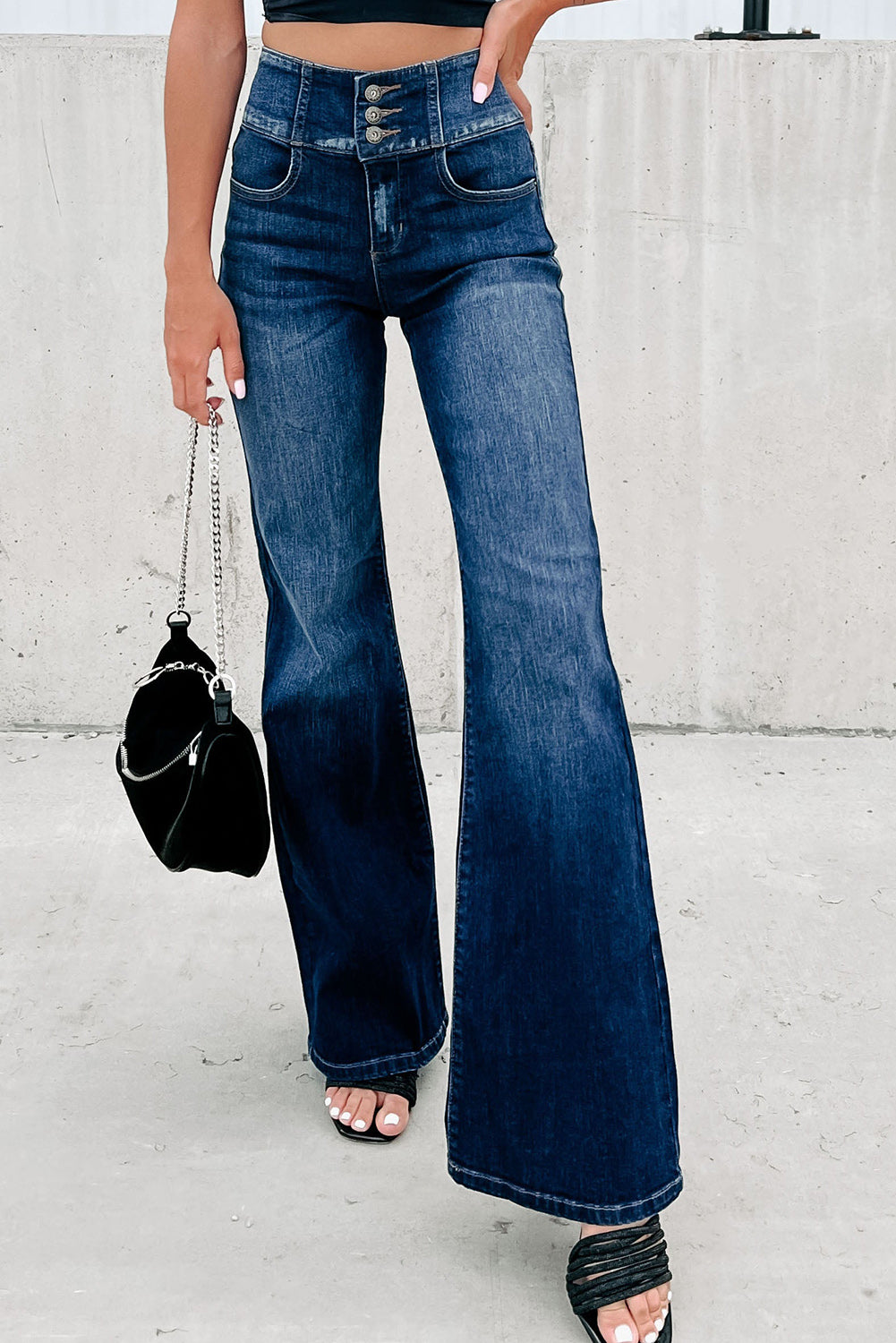 Blue Button Front Elastic Wide Waistband Back Flare Jeans