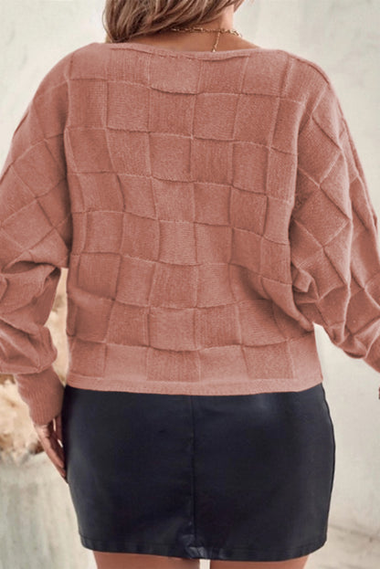 Plus Size Rose Tan Solid Checkered Textured Knit Sweater