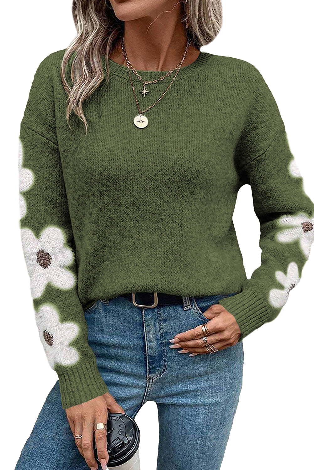 Light Grey Flower Sleeve Drop Shoulder Sweater