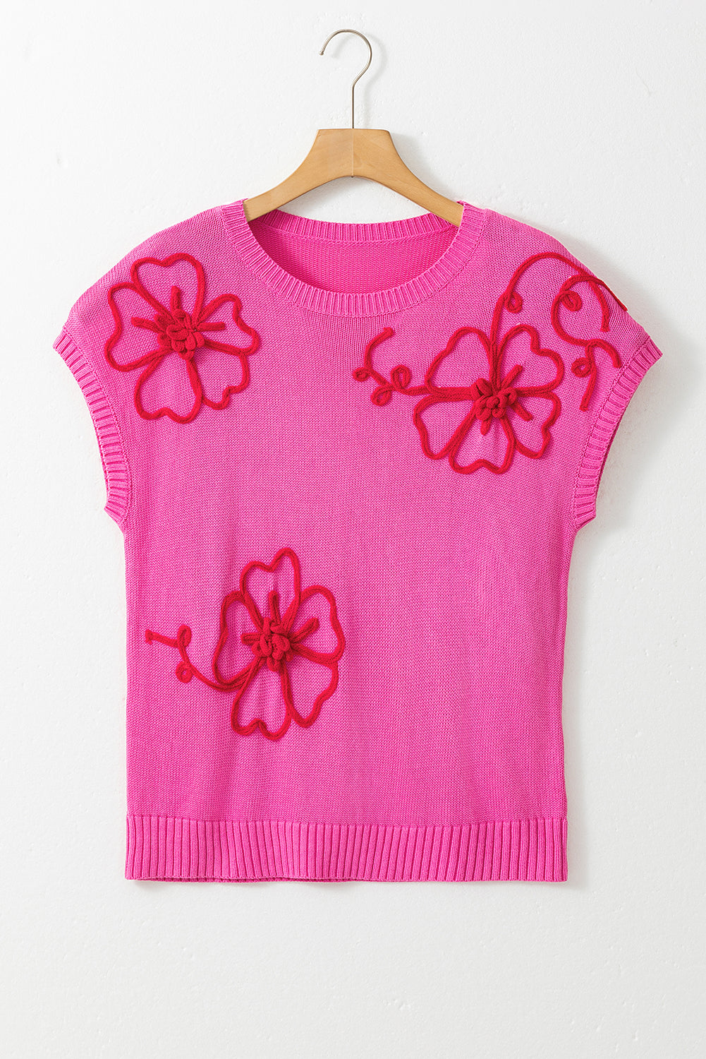 Bright Pink Flower Embroidery Short Sleeve Knitwear Top