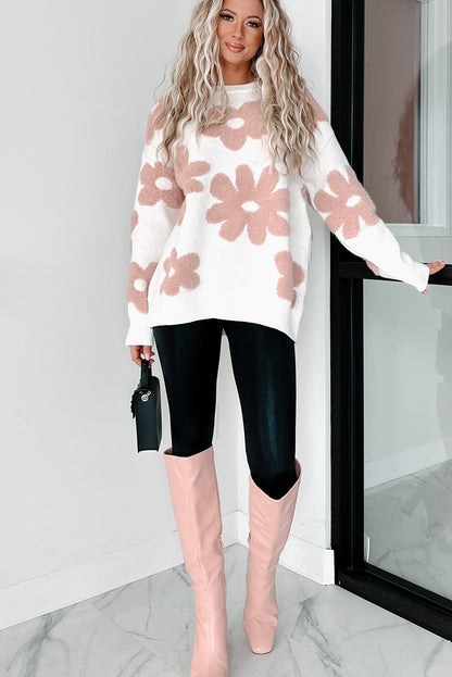 White Flower Print Loose Sweater