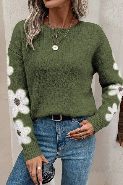 Light Grey Flower Sleeve Drop Shoulder Sweater