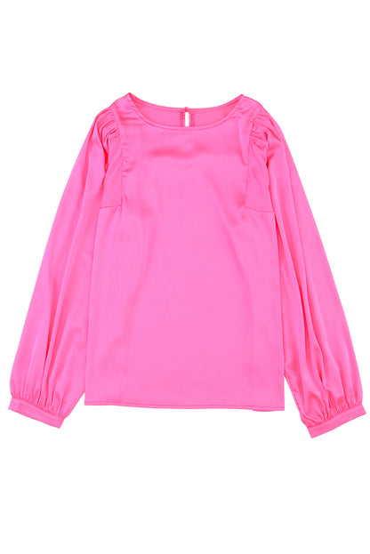 Plain Satin Puff Long Sleeve Crewneck Blouse