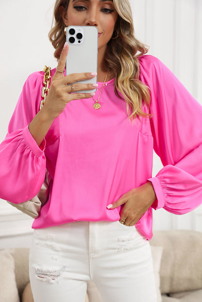 Plain Satin Puff Long Sleeve Crewneck Blouse