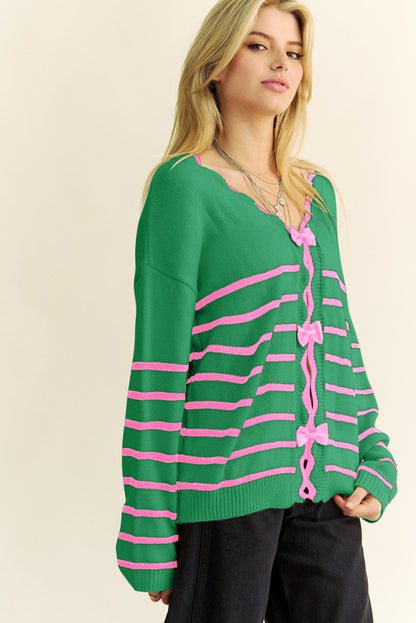 Green Stripe Non-detachable Bow Drop Sleeve Cardigan