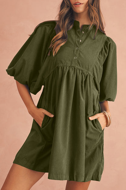 Snap Button Empire Waist Lantern Sleeve Corduroy Dress