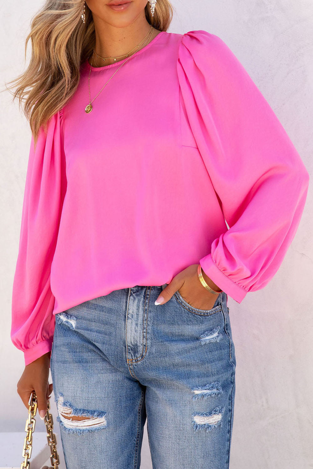 Plain Satin Puff Long Sleeve Crewneck Blouse