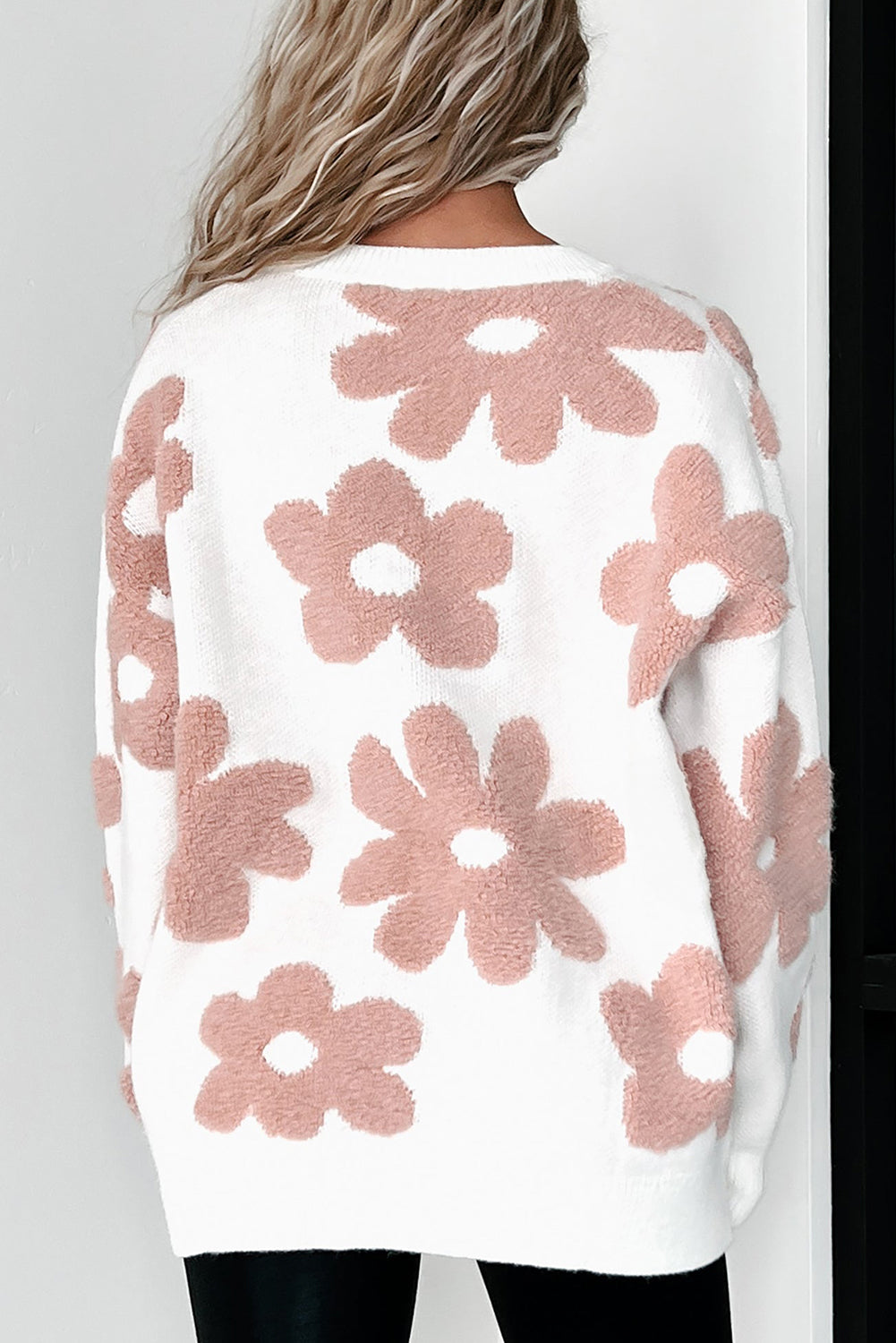 White Flower Print Loose Sweater