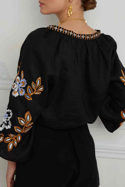 Black Boho Floral Embroidered V Neck Blouse