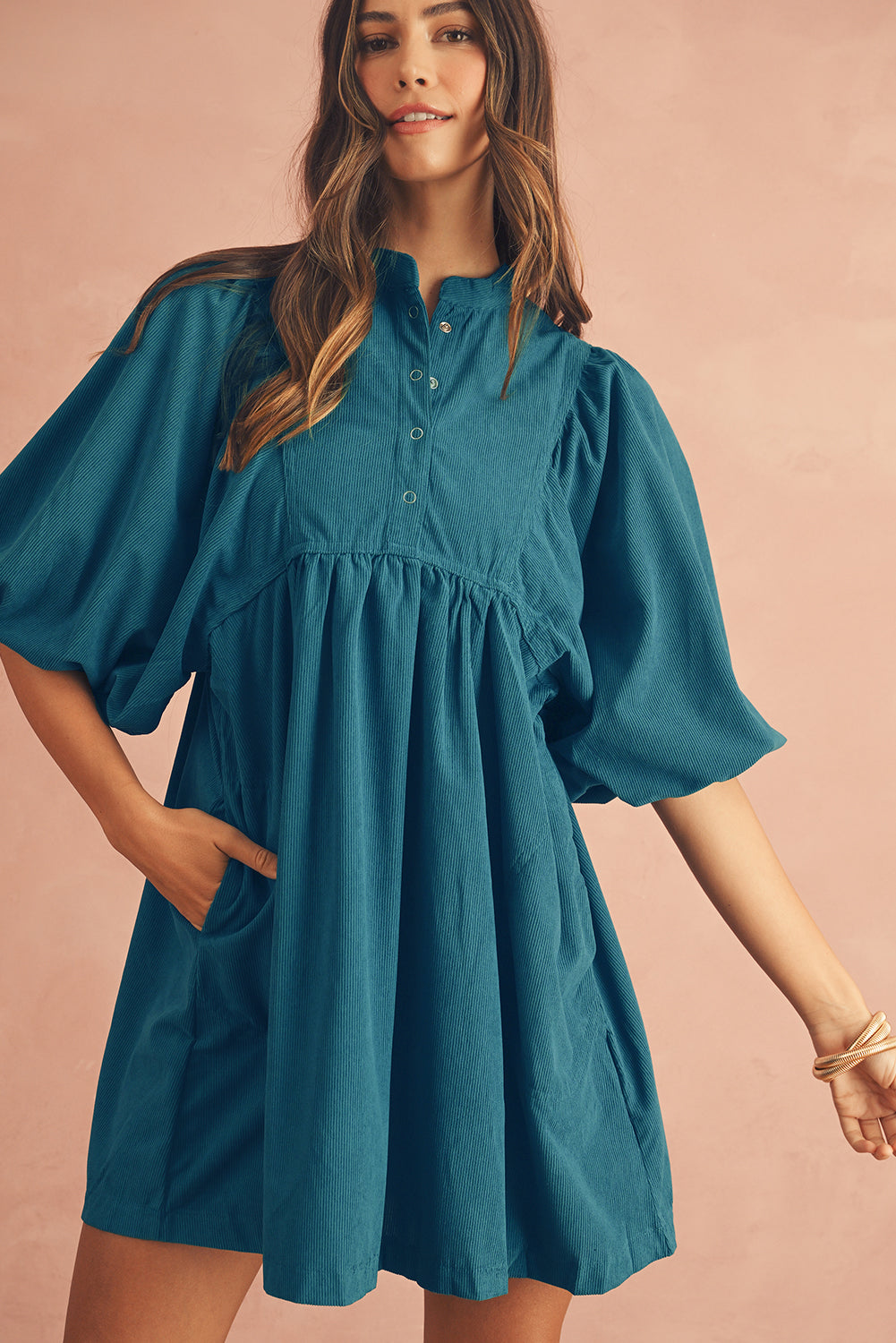 Snap Button Empire Waist Lantern Sleeve Corduroy Dress