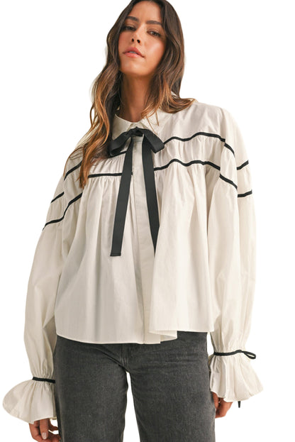 White Sweet Bow knot Button-up Long Sleeve Blouse