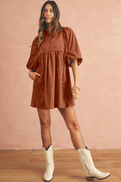 Snap Button Empire Waist Lantern Sleeve Corduroy Dress