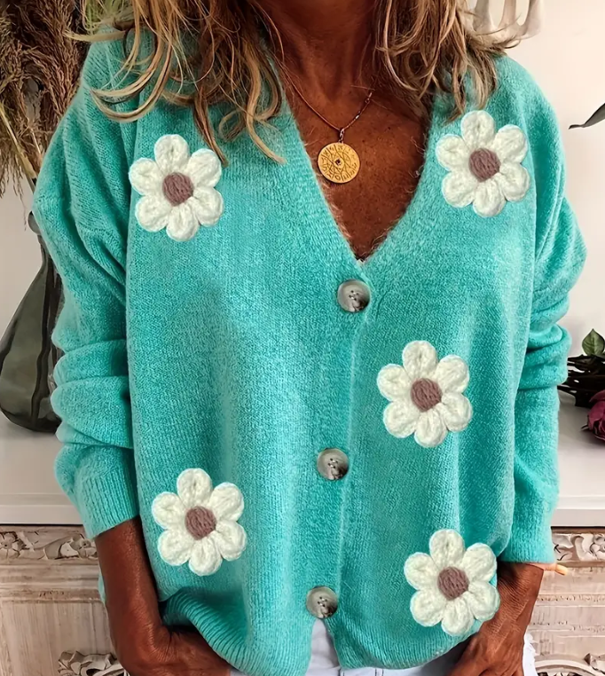 Plus Size Mint Green Flower Pattern Cardigan