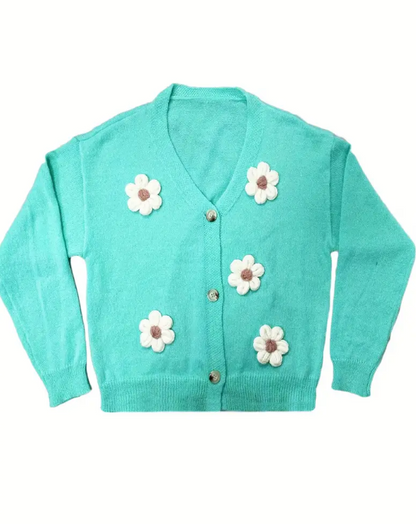 Plus Size Mint Green Flower Pattern Cardigan