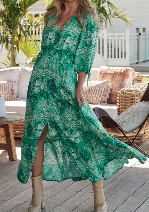 Plus Size Green Print Boho Maxi Dress