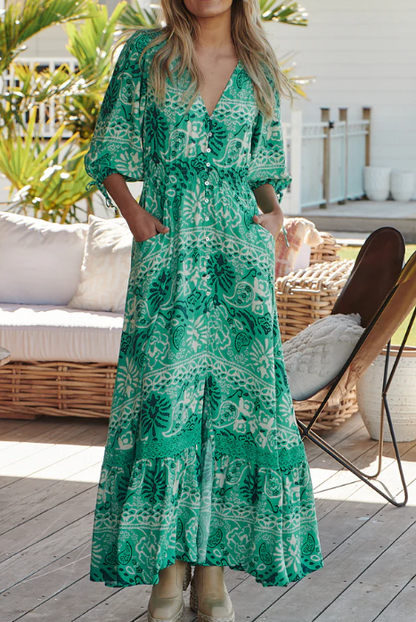 Plus Size Green Print Boho Maxi Dress