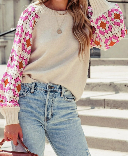 Ivory Rose Crochet Contrast Knit Sweater