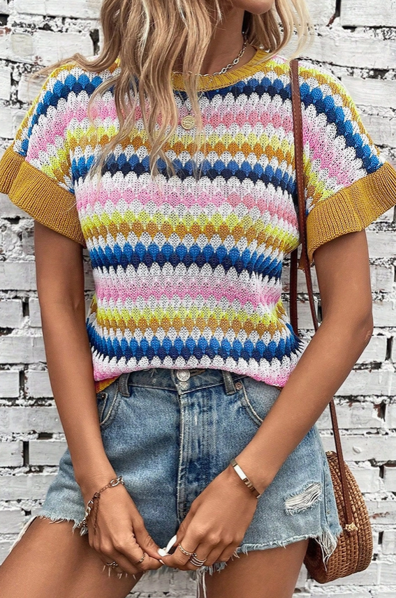 Multi Color Loose Crew Neck Short Sleeve Crochet Sweater