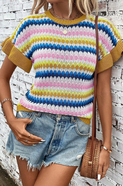 Multi Color Loose Crew Neck Short Sleeve Crochet Sweater