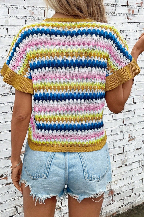 Multi Color Loose Crew Neck Short Sleeve Crochet Sweater