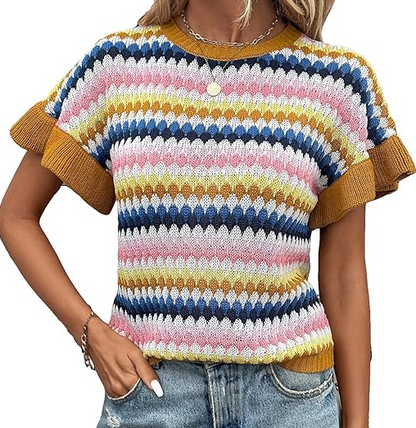 Multi Color Loose Crew Neck Short Sleeve Crochet Sweater