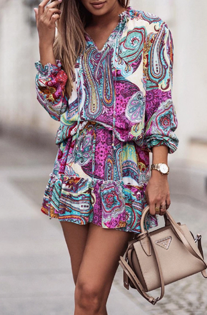 Multicolor Abstract Print Casual V Neck Short Dress