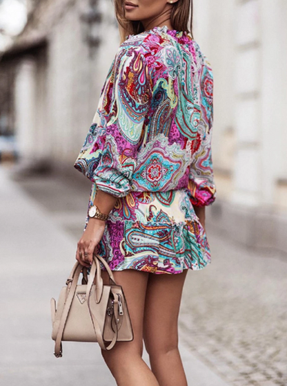 Multicolor Abstract Print Casual V Neck Short Dress