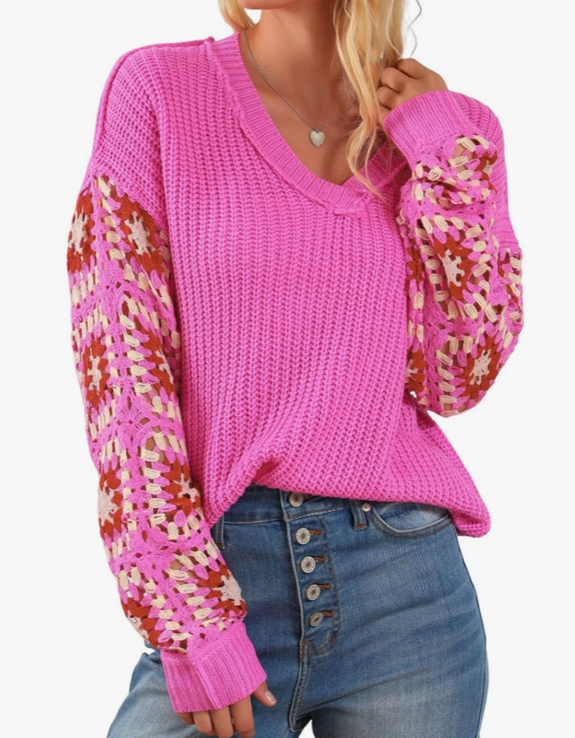 Rose Pink Floral Crochet V Neck Sweater