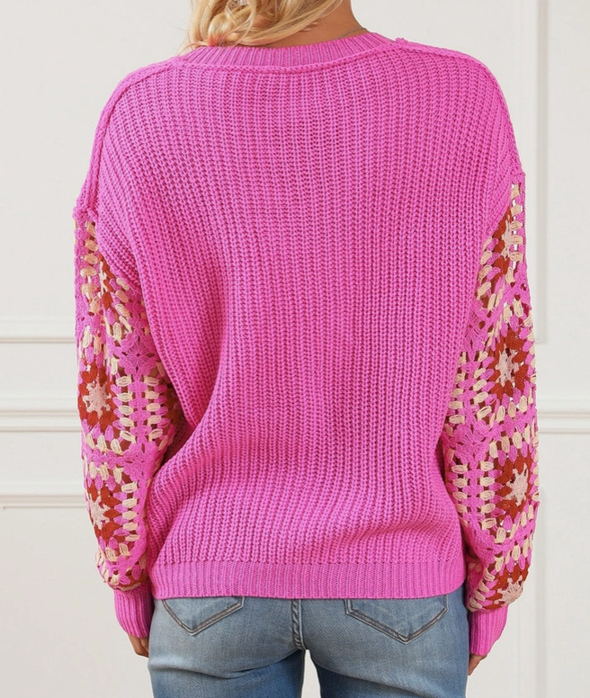 Rose Pink Floral Crochet V Neck Sweater