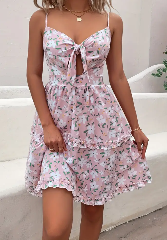 Pink Casual Floral Print Dress with Bow