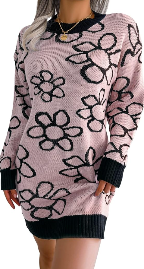 Light Pink and Black Floral Sweater Dress