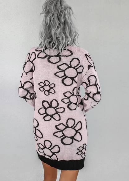 Light Pink and Black Floral Sweater Dress