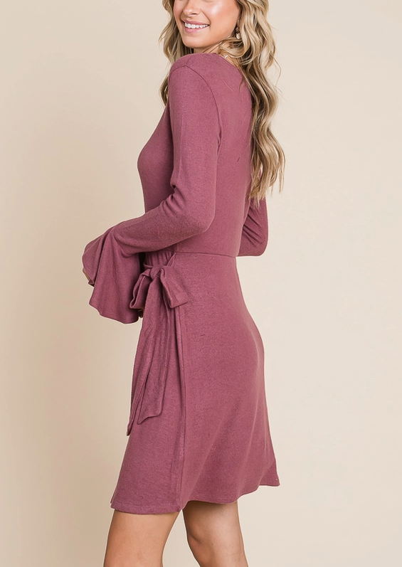 Ruffle Long Sleeve Wrap Tie Dress