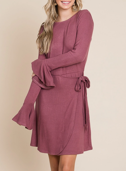 Ruffle Long Sleeve Wrap Tie Dress