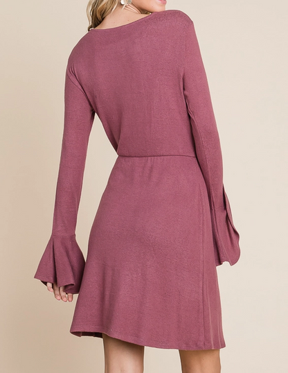 Ruffle Long Sleeve Wrap Tie Dress