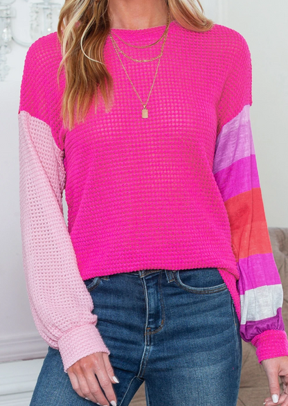 Rose Pink Waffle Colorblock Top